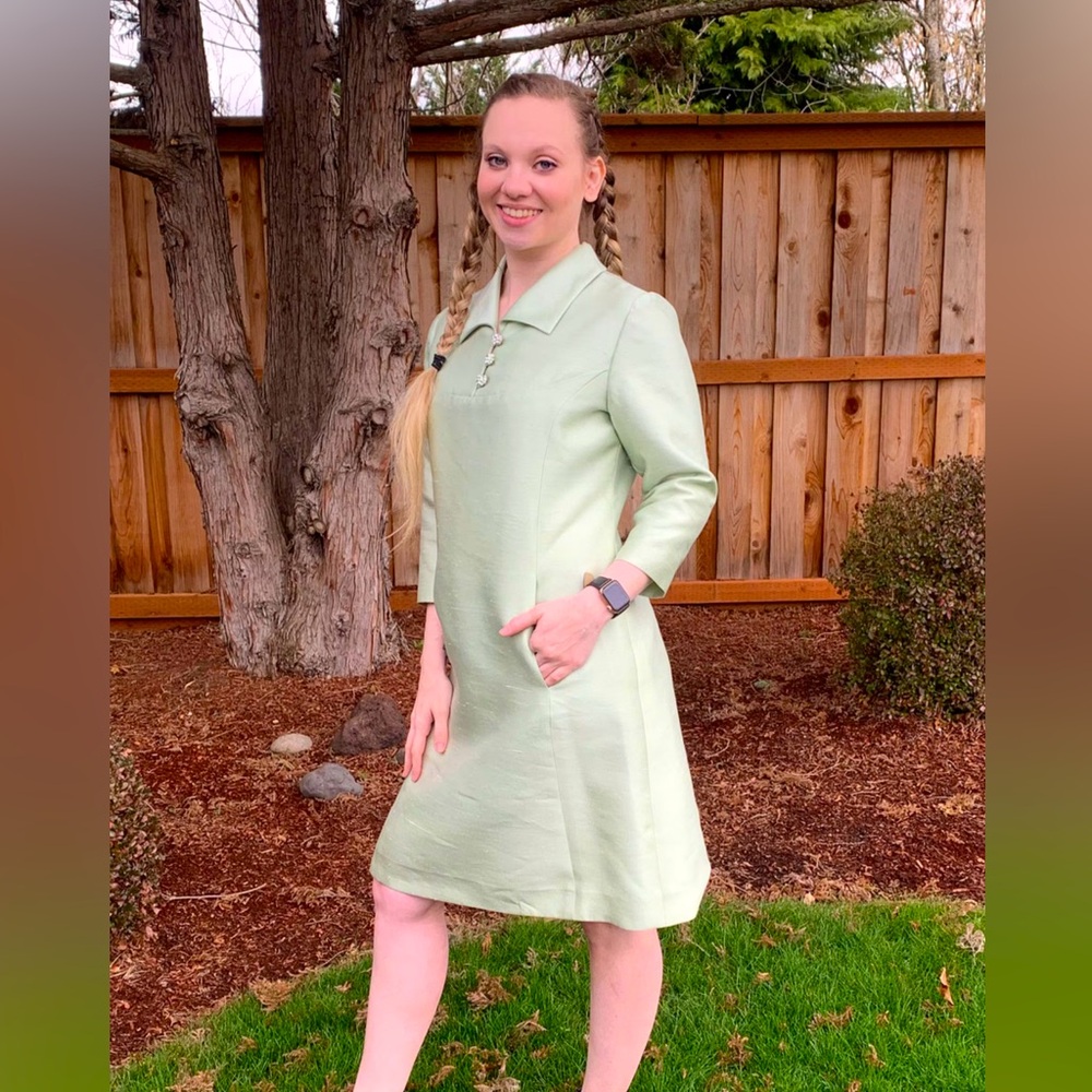 60s MOD Silk Cocktail Dress, Pale Green Designer Charles Talbot True Vintage M/L